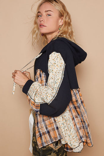 POL Mixed Fabric and Print Zip Up Hooded Top in Black
