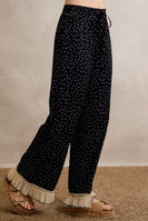 So Me Polka Dot Wide-Leg Pants With Lace Hem in Black