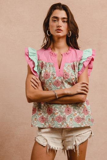BiBi Floral Print Top with Contrasting Double Ruffle Sleeves in Rose Pink