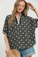 Umgee Jacquard Floral Textured Contrast Trim Pullover Top in Black