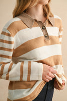 Miou Muse Soft Knit Striped Polo Top in Tan/White