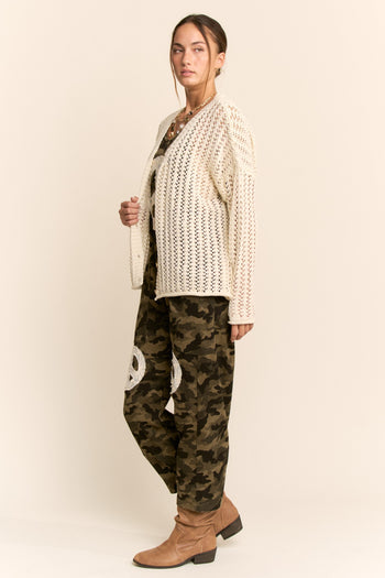 Davi & Dani Open Knit Cardigan Sweater in Almond