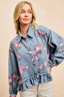 BiBi Peplum Floral Print Denim Button Down Top in Washed Denim