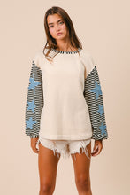 Load image into Gallery viewer, BiBi Solid Color Body Top with Striped Sleeves and Star Patches in Oatmeal
