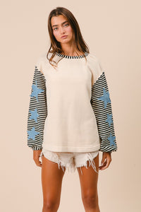 BiBi Solid Color Body Top with Striped Sleeves and Star Patches in Oatmeal