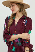 Load image into Gallery viewer, Umgee Floral Print Tiered Midi Dress with Puff Sleeves in Burgundy Mix

