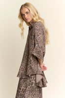 Davi & Dani Oversized Button Down Top in Mocha Leopard