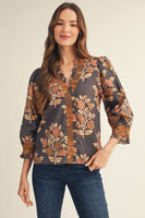 Jodifl Embroidered Smocking Detail Floral Top in Mocha