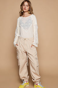 POL Ribbed Knit Top with Crochet Lace Inset Details in Almond Milk