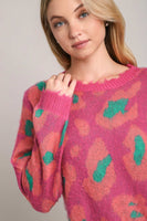 Umgee Leopard Sweater With Destroyed Rib Band Pullover Sweater in Magenta
