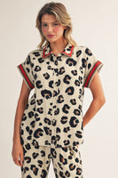 Jodifl Color Band Accent Button Down Leopard Top in Red/Animal
