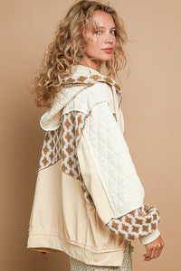 POL OVERSIZED Zip Up Hoodie Jacket with Mixed Fabric and Prints in Cream Multi