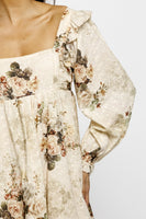 Storia Rose Print And Embossed Baby Doll Dress in Beige Floral