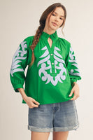 Jodifl Baroque Applique Detail Top in Sky Blue/Kelly