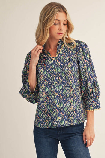 Jodifl Pleated Ruffled Neck Button Down Floral Top in Cobalt Blue