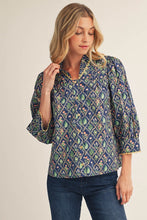 Load image into Gallery viewer, Jodifl Pleated Ruffled Neck Button Down Floral Top in Cobalt Blue
