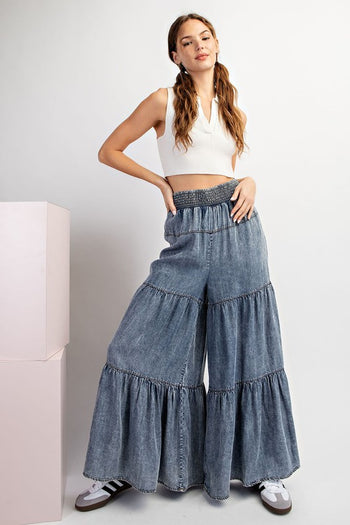 ee:some Snow Washed Tiered Wide Leg Pants in Denim
