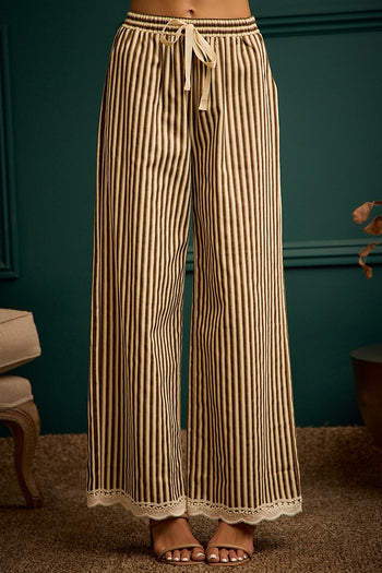 So Me Twill Stripe Banding Waist Lace Trim Hem Pants in Brown/Ivory