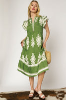Umgee Two Toned Border Print Midi Dress in Green ON ORDER
