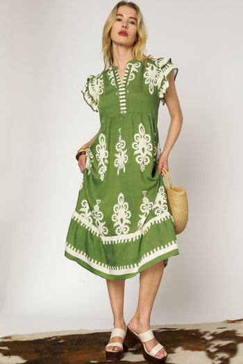 Umgee Two Toned Border Print Midi Dress in Green ON ORDER