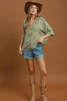 Umgee Floral Embroidered Split Neck Blouse in Sage