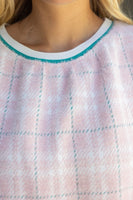 VOY Stripe Band Detail Fuzzy Textured Plaid Top in Pink