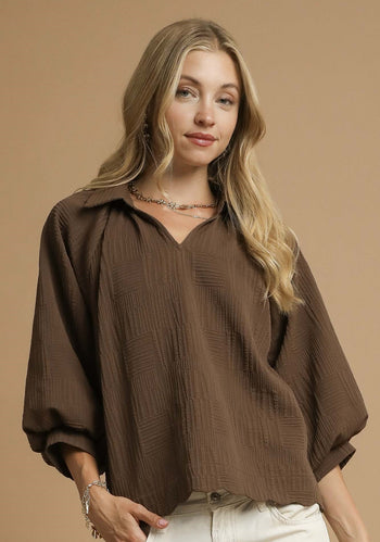 Umgee Solid Color Textured Top in Brown