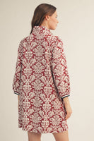 Jodifl Front Half Zip Up Baroque Floral Pattern Dress in Burgundy