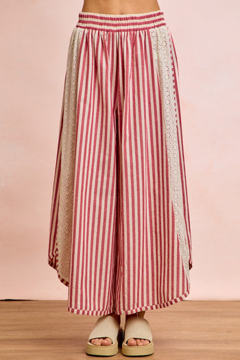 BiBi Striped Eyelet Side Elastic Waist Wide Leg Pants in Red