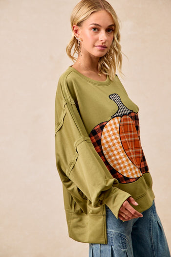 BiBi OVERSIZED Plaid Pumpkin Patch French Terry Top in Olive
