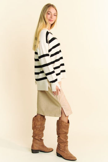 Davi & Dani Striped Loose Fit Collared Sweater in White