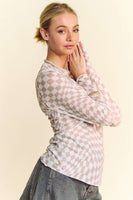 Davi & Dani Checkered Board Print Mesh Layering Top in Ivory Taupe