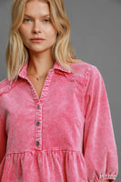 Umgee Stone Washed Corduroy Tunic Top in Hot Pink