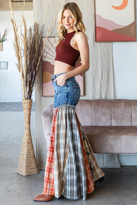 Oli & Hali Denim and Plaid Patchwork Wide Leg Jeans in Denim Multi