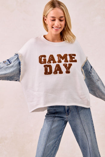 BiBi Sweatshirt with Denim Sleeves and GAMEDAY Letter Patches in Ivory