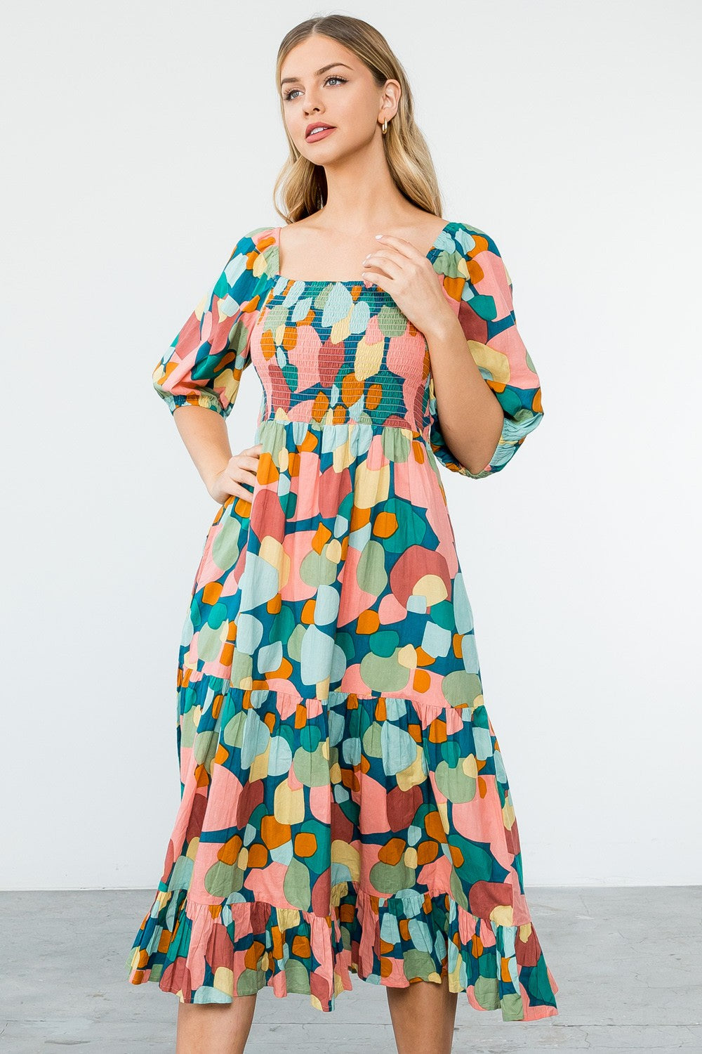 Multicolor Pattern Maxi Dress in Pink Dress THML Clothing   