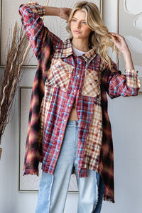 Oli & Hali Mixed Plaid Button Down Top with Pearl Snap Buttons in Burgundy