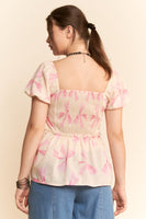 Davi & Dani Bow Print Peplum Top in Pink