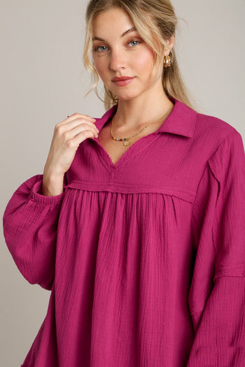 Umgee Cotton Gauze Collared V-Neck Top with Frays in Magenta