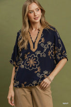 Load image into Gallery viewer, Umgee Floral Embroidered Split Neck Blouse in Navy
