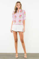THML Burnout Checkered Top with Stitching and Floral Embroidery Details in Pink