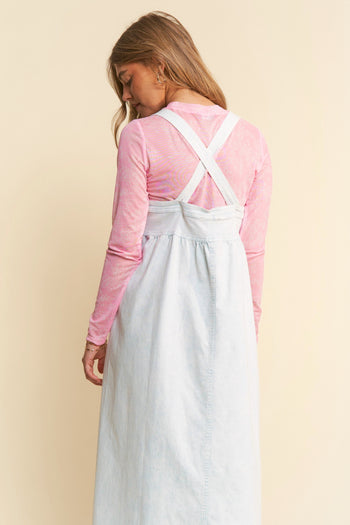 J.nna Mineral Washed Denim Button Down Front Maxi Dress in Ice Blue Denim