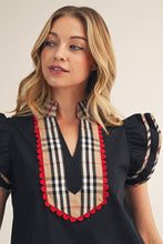 Load image into Gallery viewer, Jodifl Solid Color Woven Top with Plaid Accents in Black
