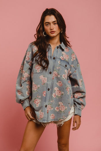 BiBi OVERSIZED Washed Denim Floral Print Shacket in Light Denim ON ORDER