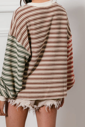 BiBi Multi Color Mixed Striped Top in Mocha/Rust/Olive
