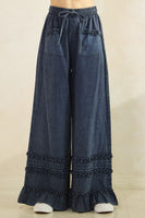 Mittoshop Mineral Washed Ruffle Trim Wide Leg Pants in New Blueberry