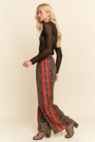 Davi & Dani Leopard Pants with Contrasting Lace Stripe in Brown Leopard