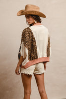 BiBi OVERSIZED Leopard and Solid Top with Denim USA Patch Front in Oatmeal