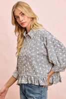 BiBi Floral Embroidery Grid Checked Ruffled Hem Button-Up Top in Navy