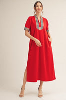 Jodifl Solid Color Midi Dress with Contrasting Classic Check in Tomato Red